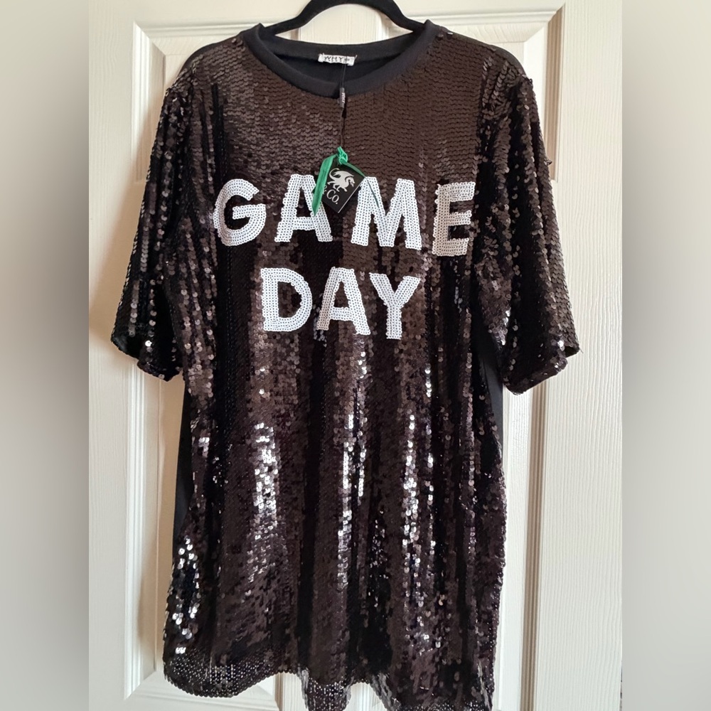Sequin 'GAME DAY' Short Sleeve Tunic - Black NWT